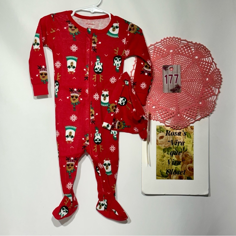 NWT Petit Lem Red Onesie Pajama Holiday Print 2pc Size 9 months - Picture 2 of 12